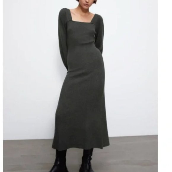 Zara Dresses & Skirts - NWOT Zara Wool Blend Sweater Midi Dress Square Neck Balloon Long Sleeve Gray  S